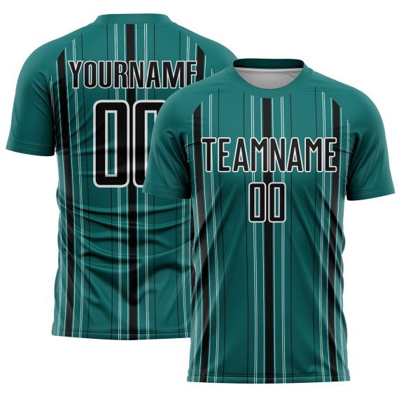 Custom Teal Black-White Stripe Sublimation Soccer Uniform Jersey