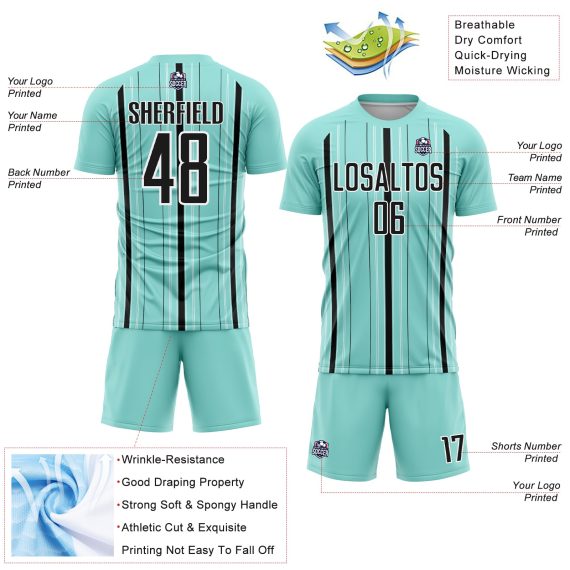 Custom Ice Blue Black-White Stripe Sublimation Soccer Uniform Jersey